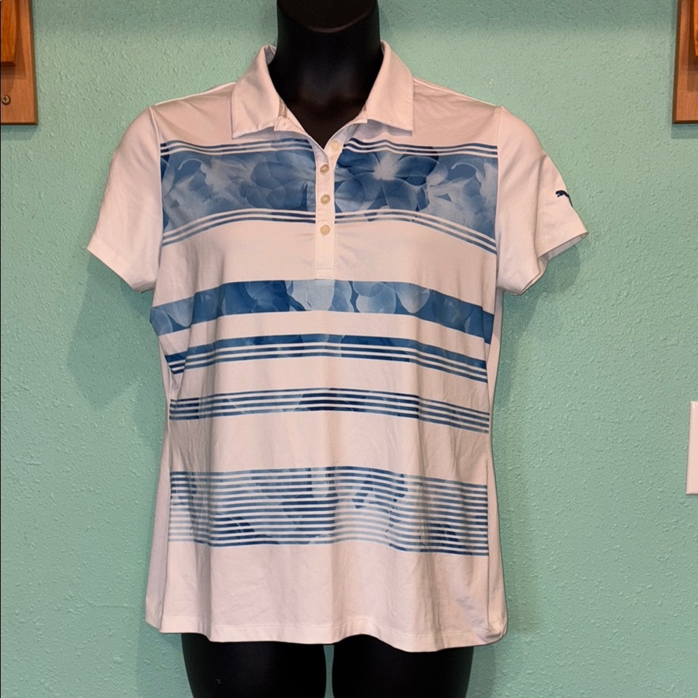 Puma Golf White and Blue Fitted Short Sleeve Polo.  XL.  Great condition.